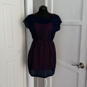 Soprano two tone navy blue and orange eyelet dress
